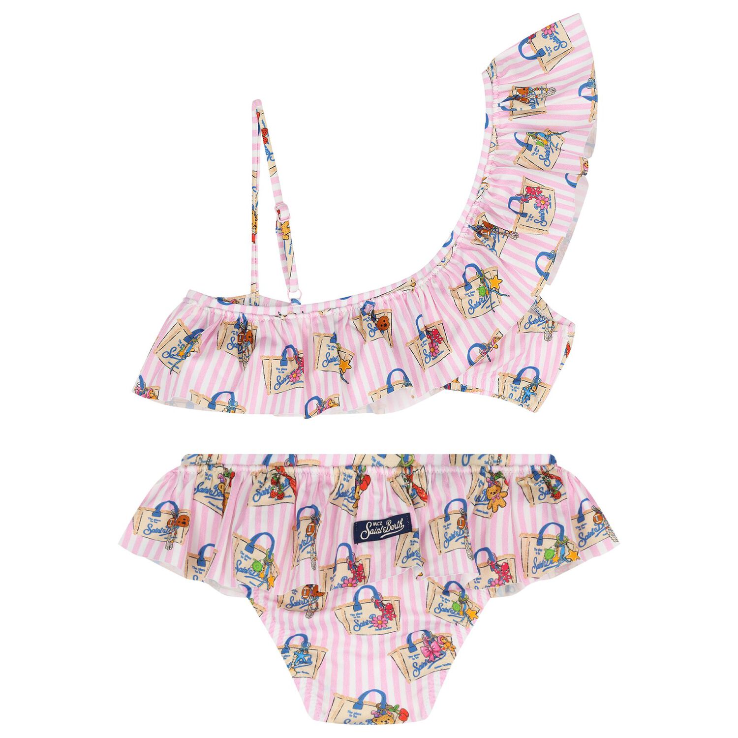 Girls White & Pink Ruffled Striped Bikini, 1, hi-res