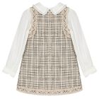 Girls Beige & White Tweed Pinafore Dress, 1, hi-res