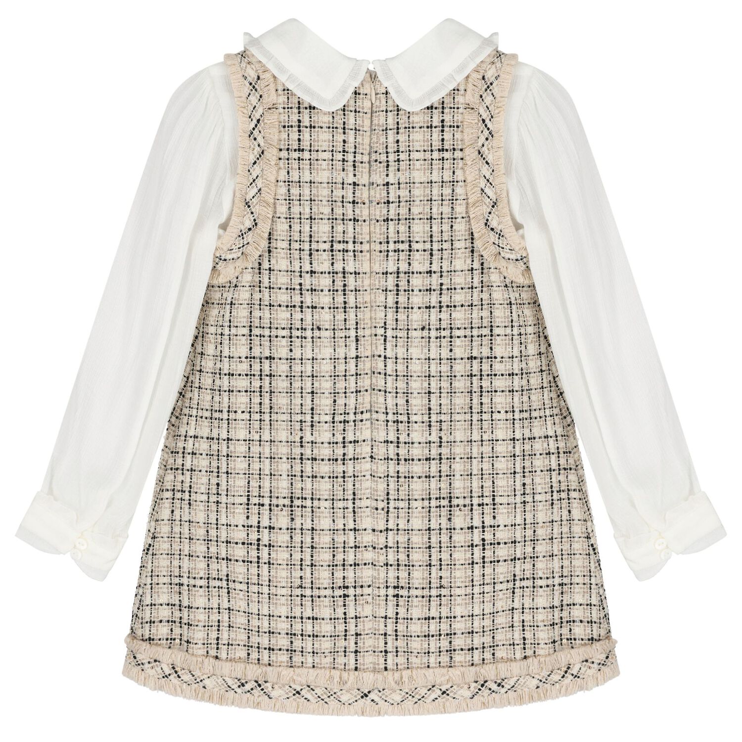 Girls Beige & White Tweed Pinafore Dress, 1, hi-res