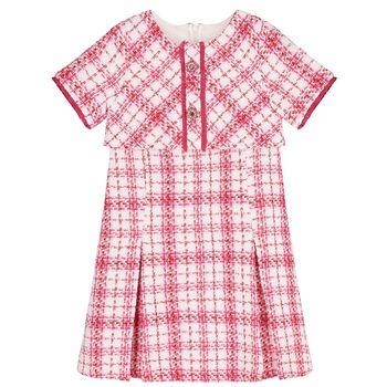 Girls Pink & White Check Tweed Dress