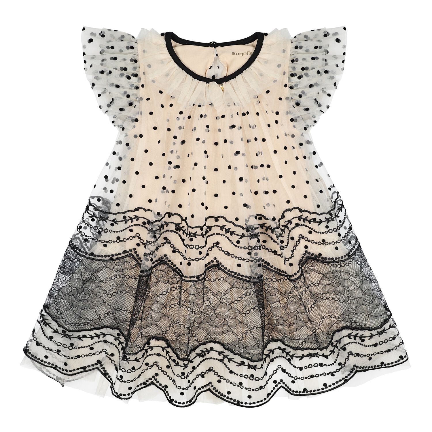 Baby Girls Beige & Black Tulle & Lace Ivy  Dress, 1, hi-res