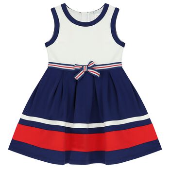 Girls White & Navy Blue Bow Dress
