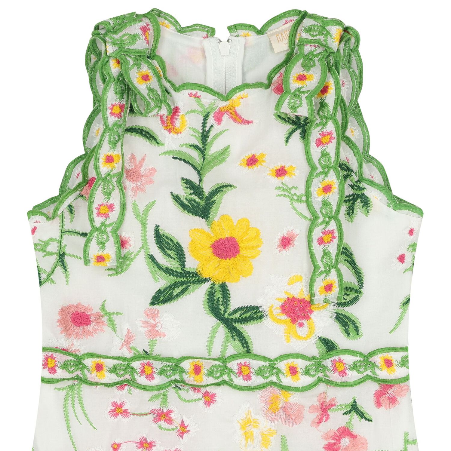 Girls White & Green Embroidered Floral Dress, 1, hi-res