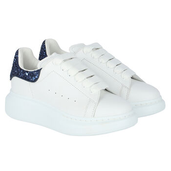 Girls White & Navy Glitter Trainers