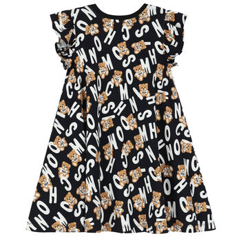 Girls Black Teddy Bear Logo Dress
