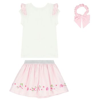 Girls White & Pink Striped Skirt Set