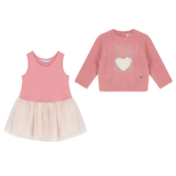 Younger Girls Pink & Ivory Teddy Dress Set