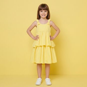 Girls Yellow Bow Tiered Dress