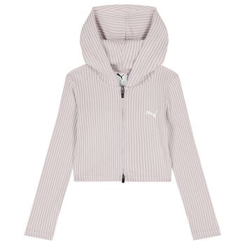 Girls Pink Ribbed Logo Hooded Zip Up Top