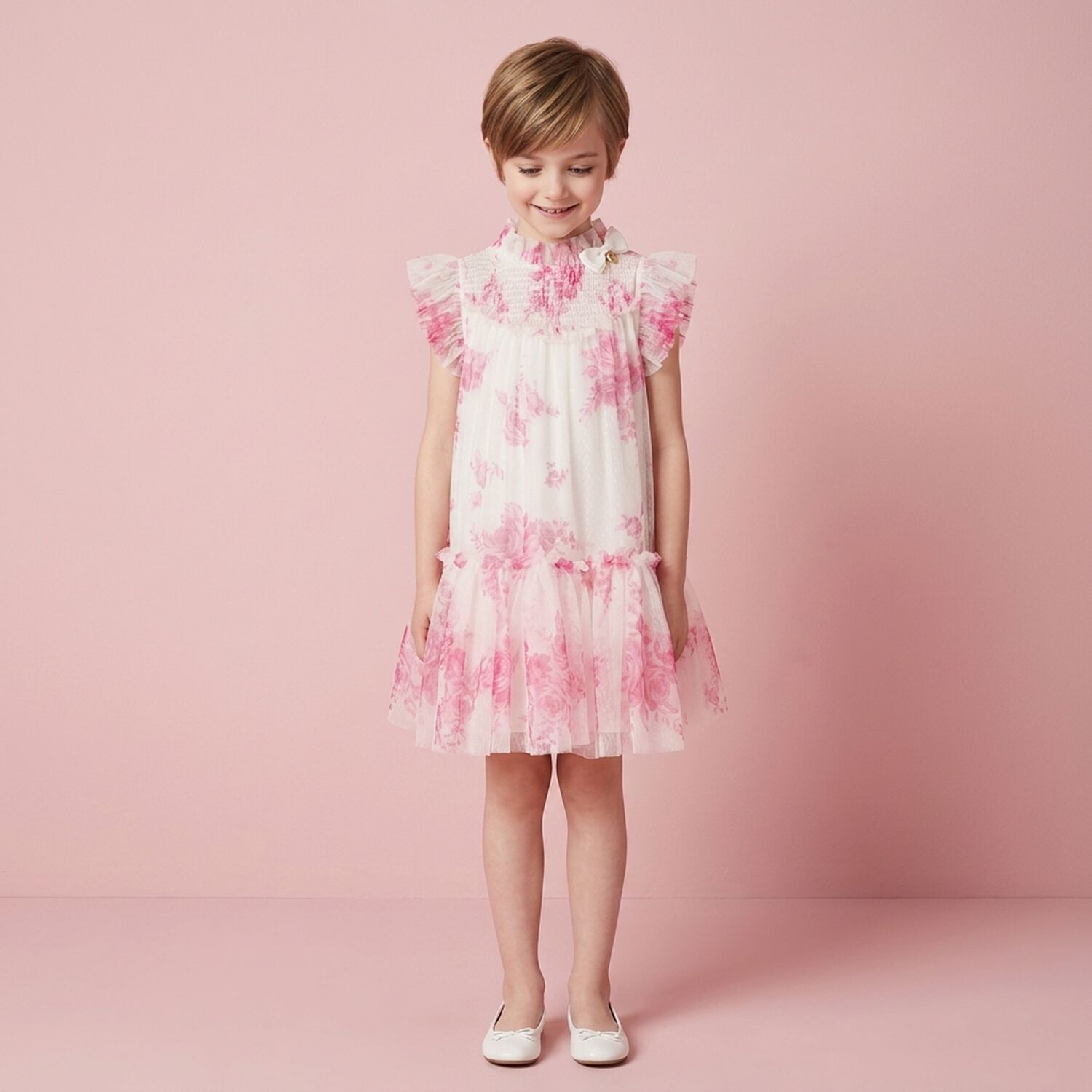 Girls White & Pink Rose Tulle Dress, 5, hi-res