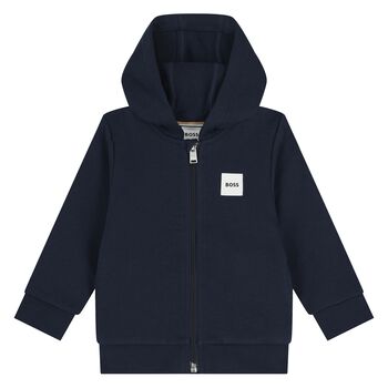 Younger Boys Navy Blue Logo Hooded Zip Up Top