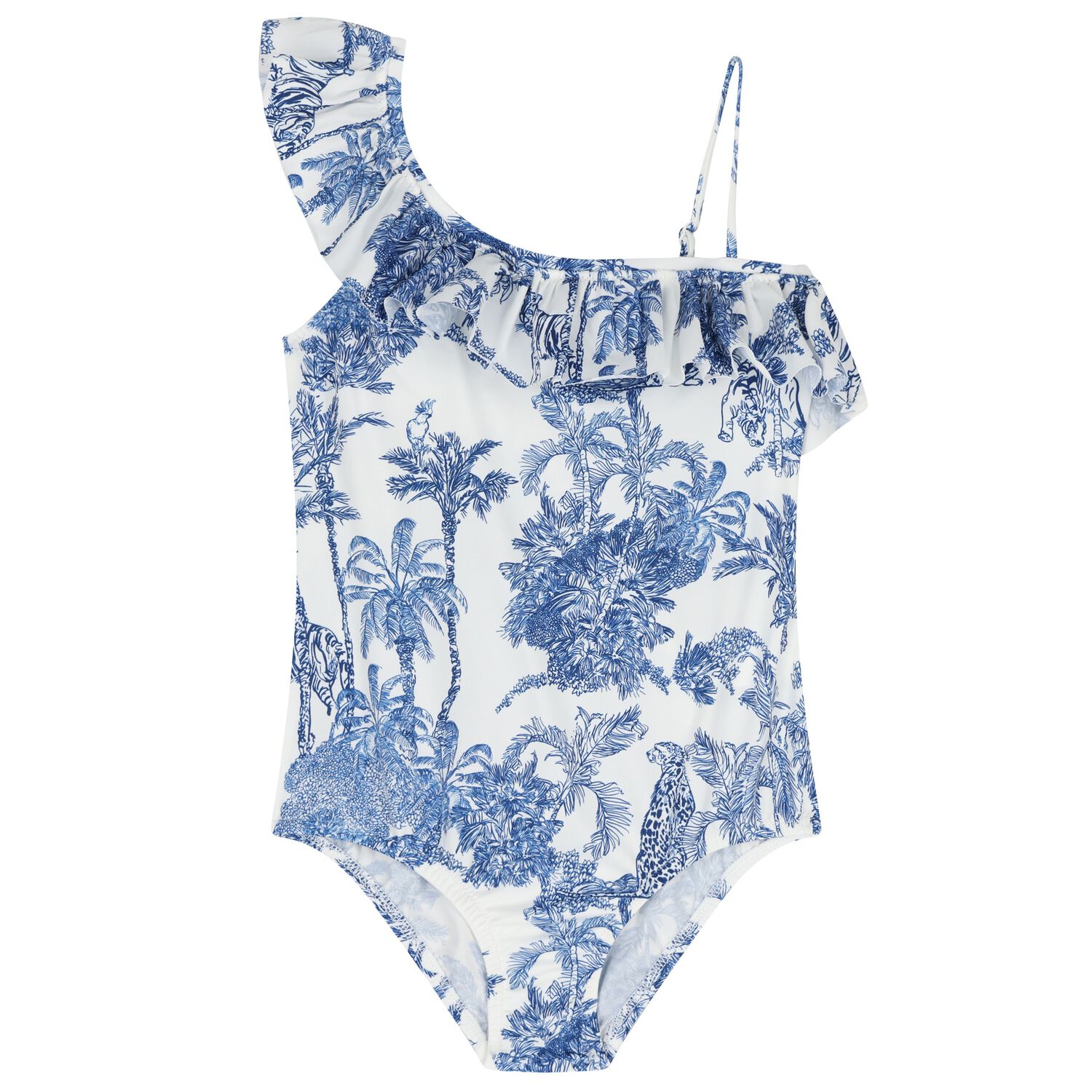 Girls White & Blue Palm Tree Swimsuit, 1, hi-res