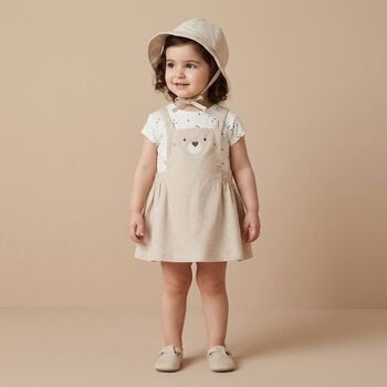 Baby Girls Beige & Ivory Teddy Bear Dungaree Dress Set