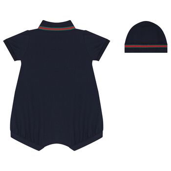 Baby Boys Navy Blue Web Stripe Romper & Hat Set