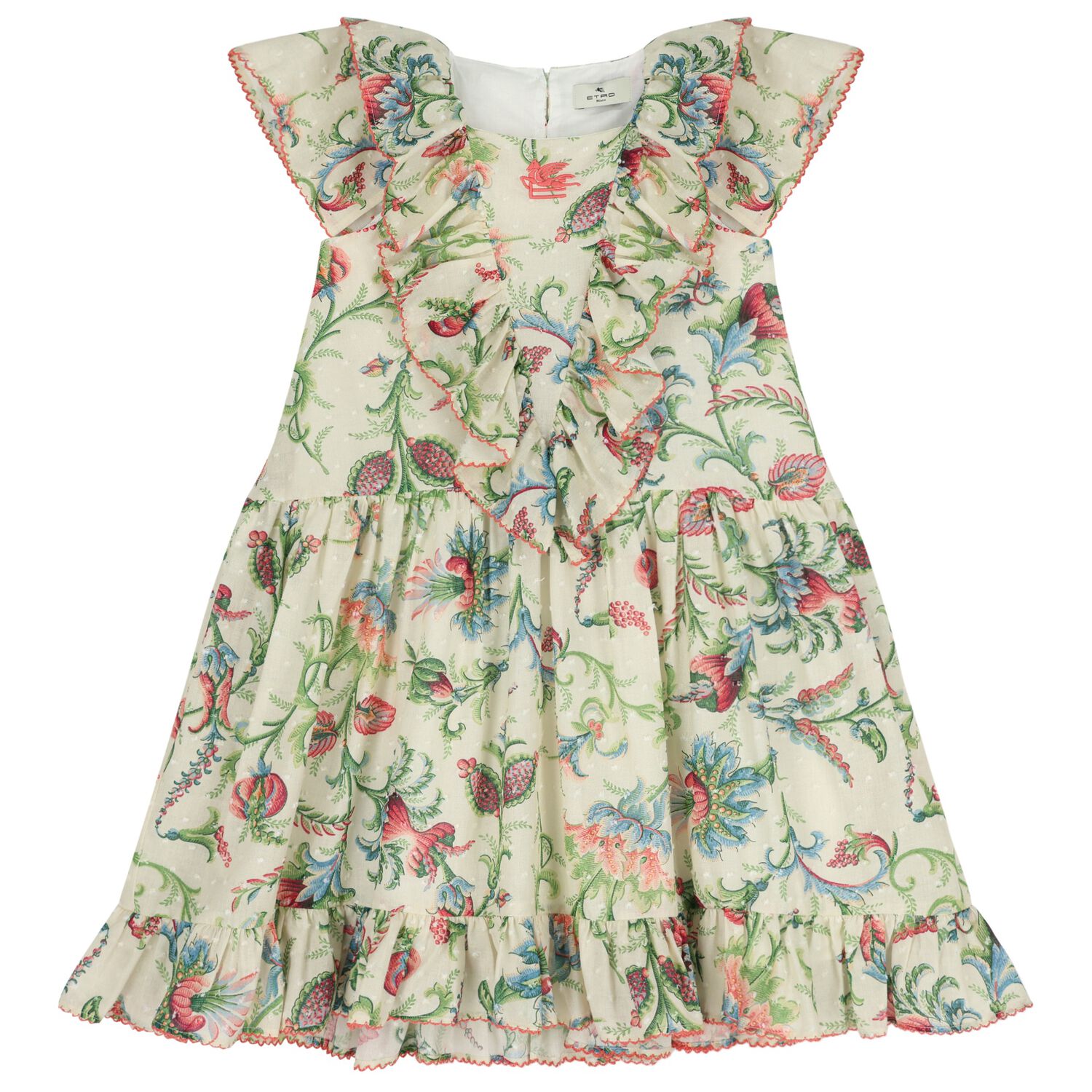 Girls Beige & Green Ruffled Floral Dress, 1, hi-res