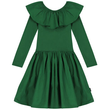Girls Green Ruffled Long Sleeve Dress