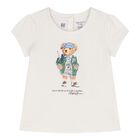 طقم شورت  بولو للبنات  تارتان بطبعة الدب باللون العاجي والوردي والأزرق للاطفال, 1, hi-res