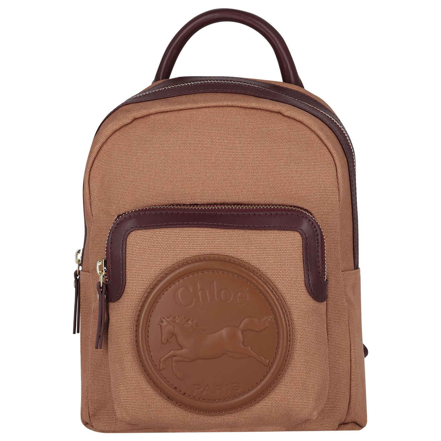 Girls Beige Canvas Horse Logo Backpack ( 26cm ), 1, hi-res