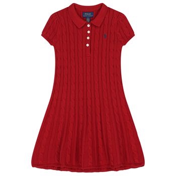 Girls Red Cable Knit Polo Dress