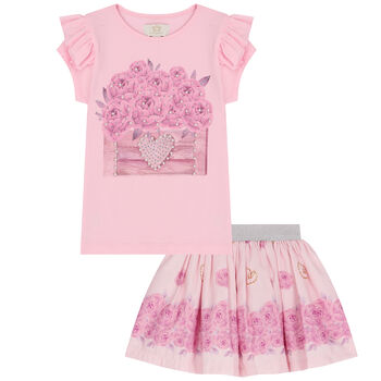 Girls Pink Embellished Flower Skirt Set