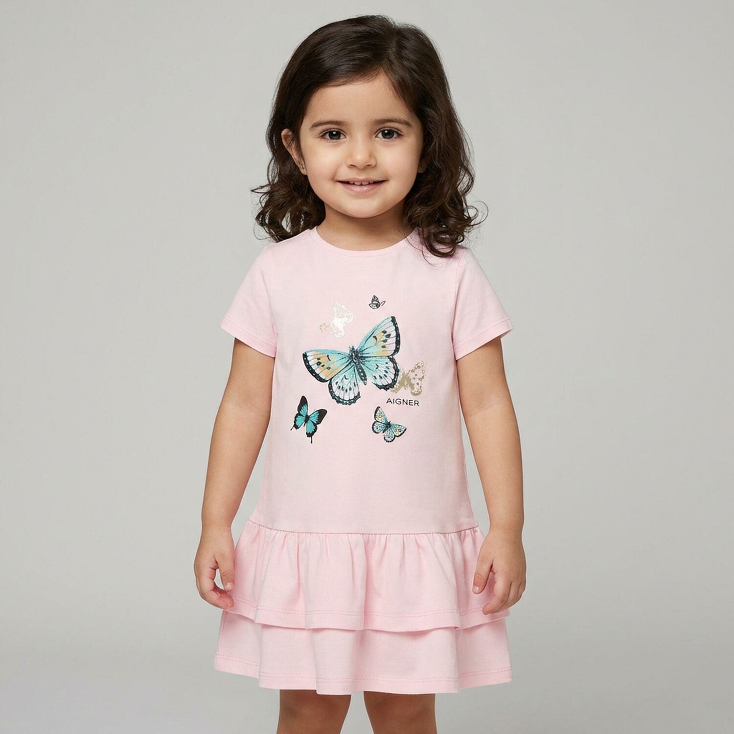 Younger Girls Pink Butterflies Logo Dress, 3, hi-res