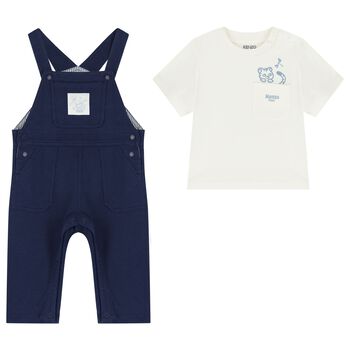 Baby Boys Ivory & Navy Blue Dungaree Set