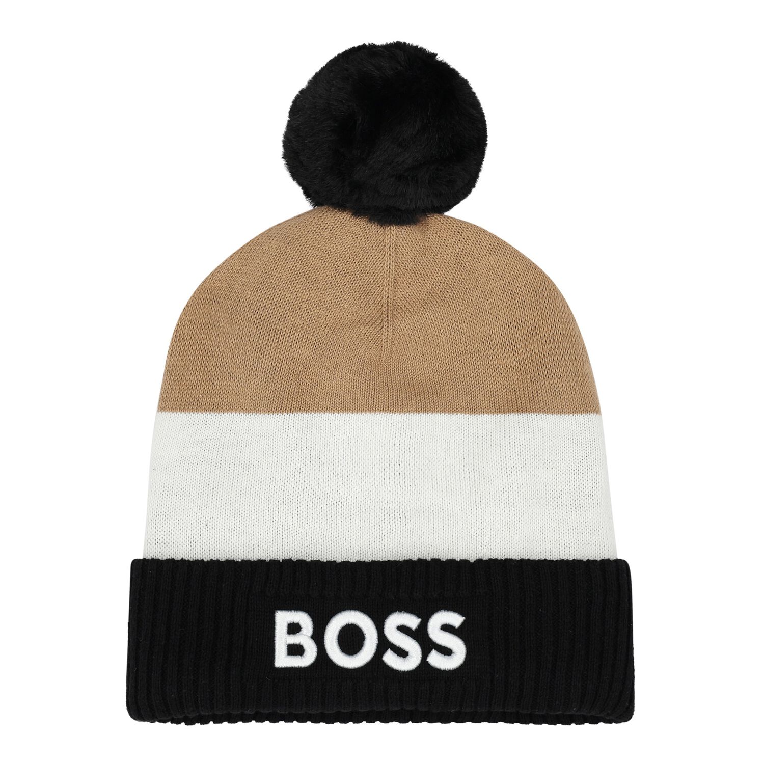 Younger Boys Black, White & Beige Logo Knitted Hat, 1, hi-res image number null