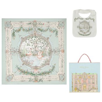 Ivory & Blue Tapestry Baby Swaddle & Bib Gift Set