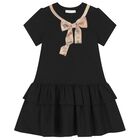 Girls Black & Beige Bow Logo Dress, 1, hi-res