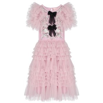Girls Pink & Black Bow Tulle Dress