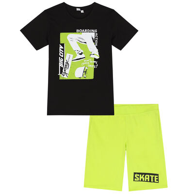 Boys Black & Neon Green Skate Shorts Set