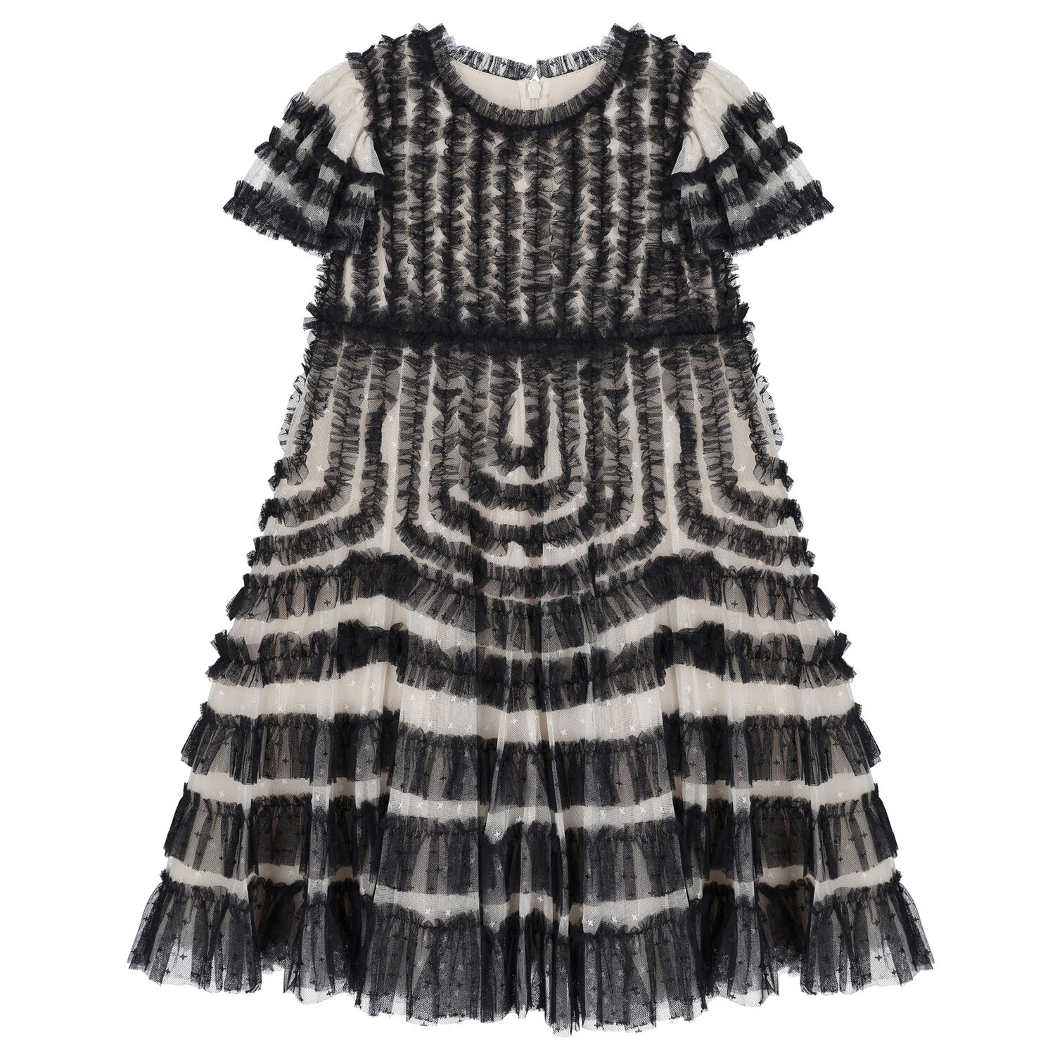 Girls Black & Beige Ruffled Tulle Dress, 1, hi-res