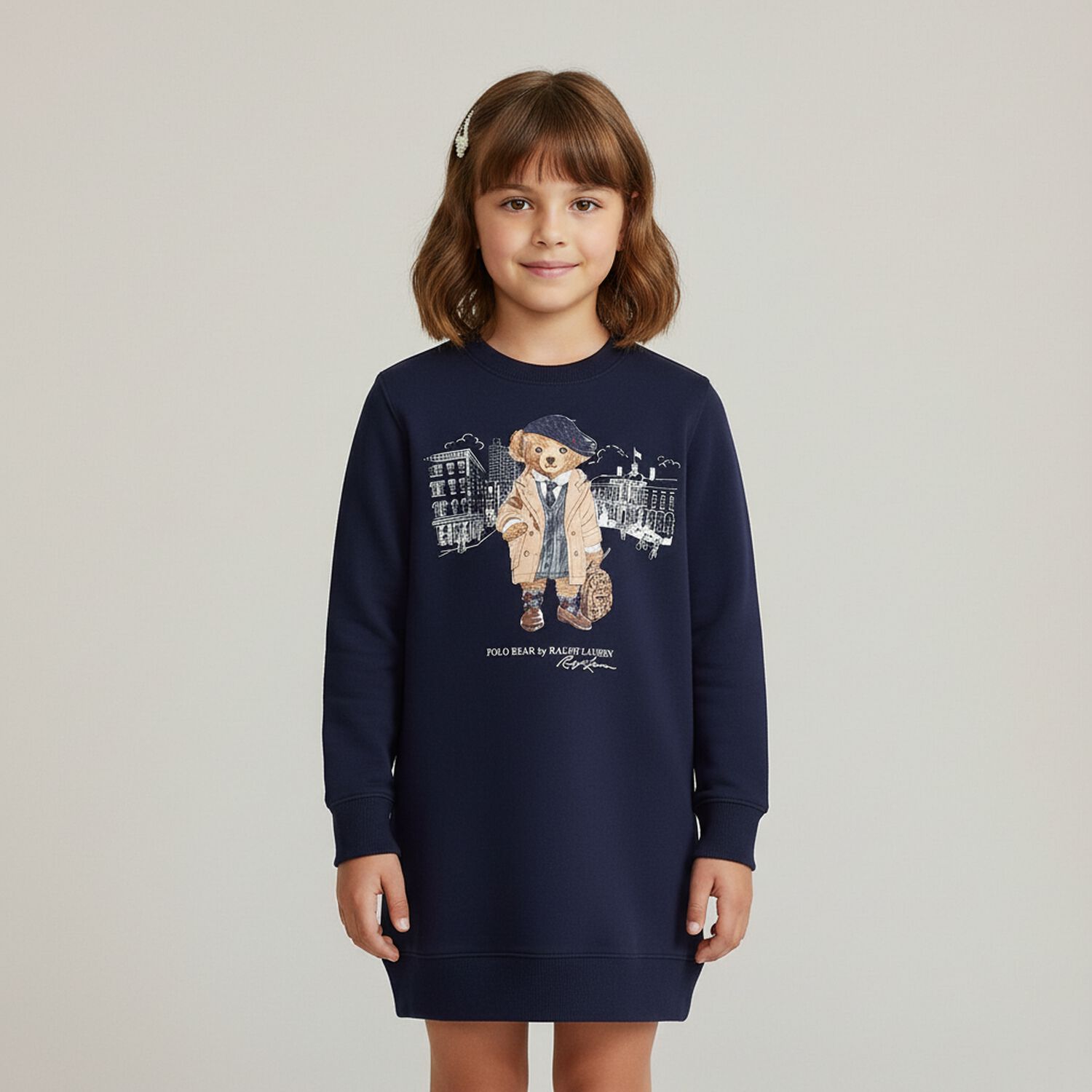 Girls Navy Blue Polo Bear Sweatshirt Dress, 1, hi-res image number null