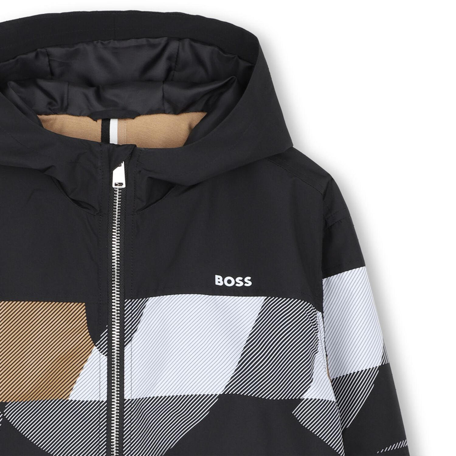 Boys Black Logo Hooded Zip Up Top, 1, hi-res