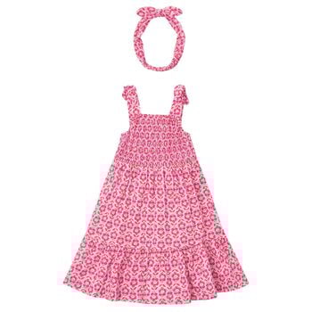 Girls Pink Floral Smocked Dress Set