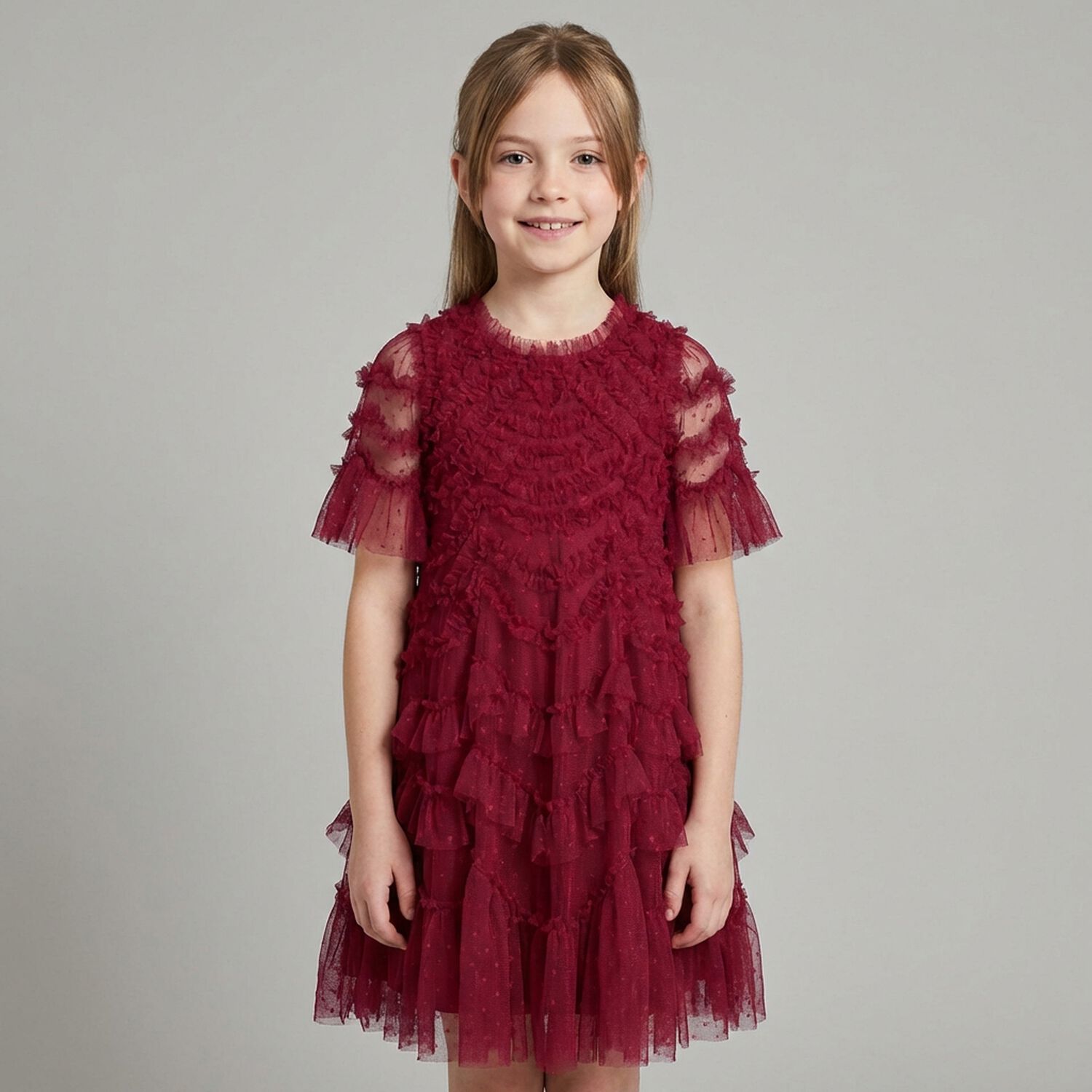 Girls Burgundy Ruffle Tulle Dress, 1, hi-res
