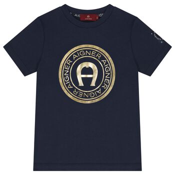 Boys Navy Blue & Gold Logo T-Shirt