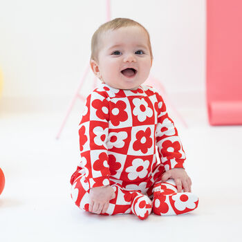 Baby Girls Red & White Floral Babygrow