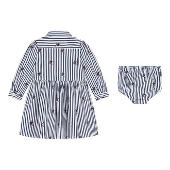 Baby Girls White & Blue Polo Bear Striped Dress Set