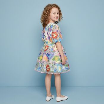 Girls Pink & Blue Embroidered Floral Dress