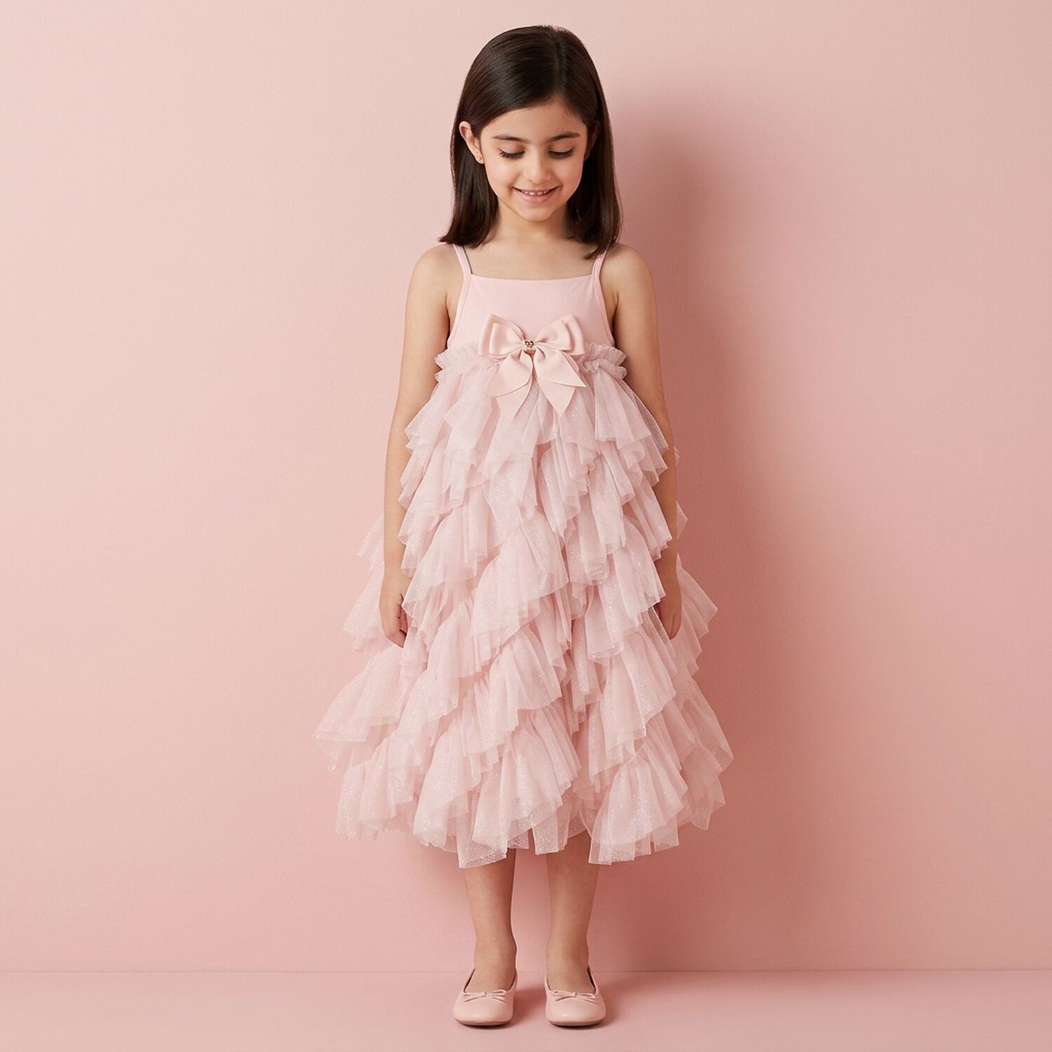 Girls Pink Tulle Ruffles Dress, 2, hi-res