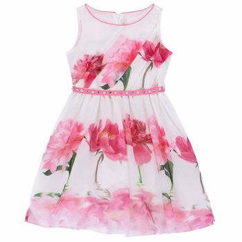 Girls White Floral Print Dress