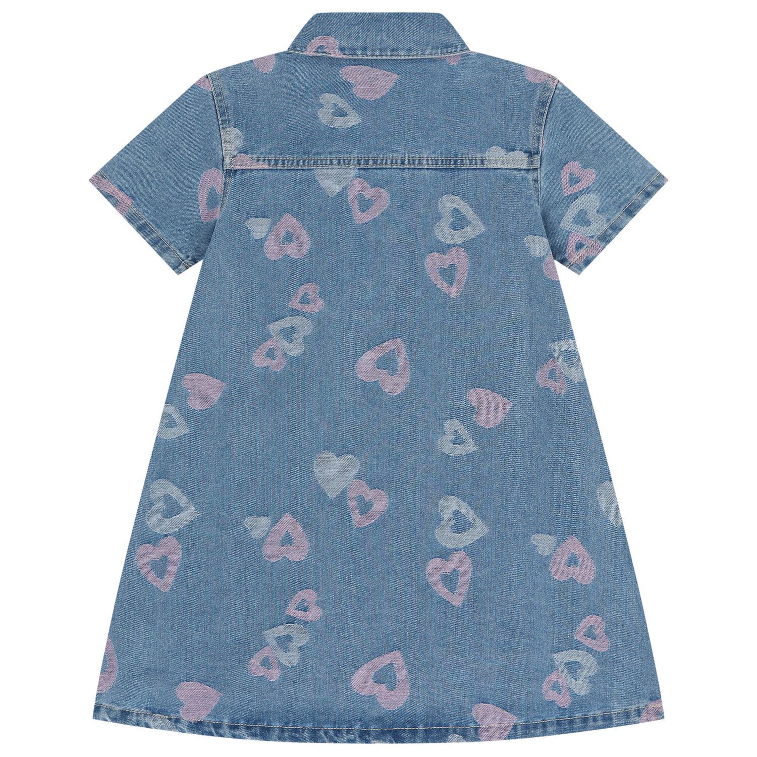 Girls Blue Denim Jacquard Heart Dress, 1, hi-res