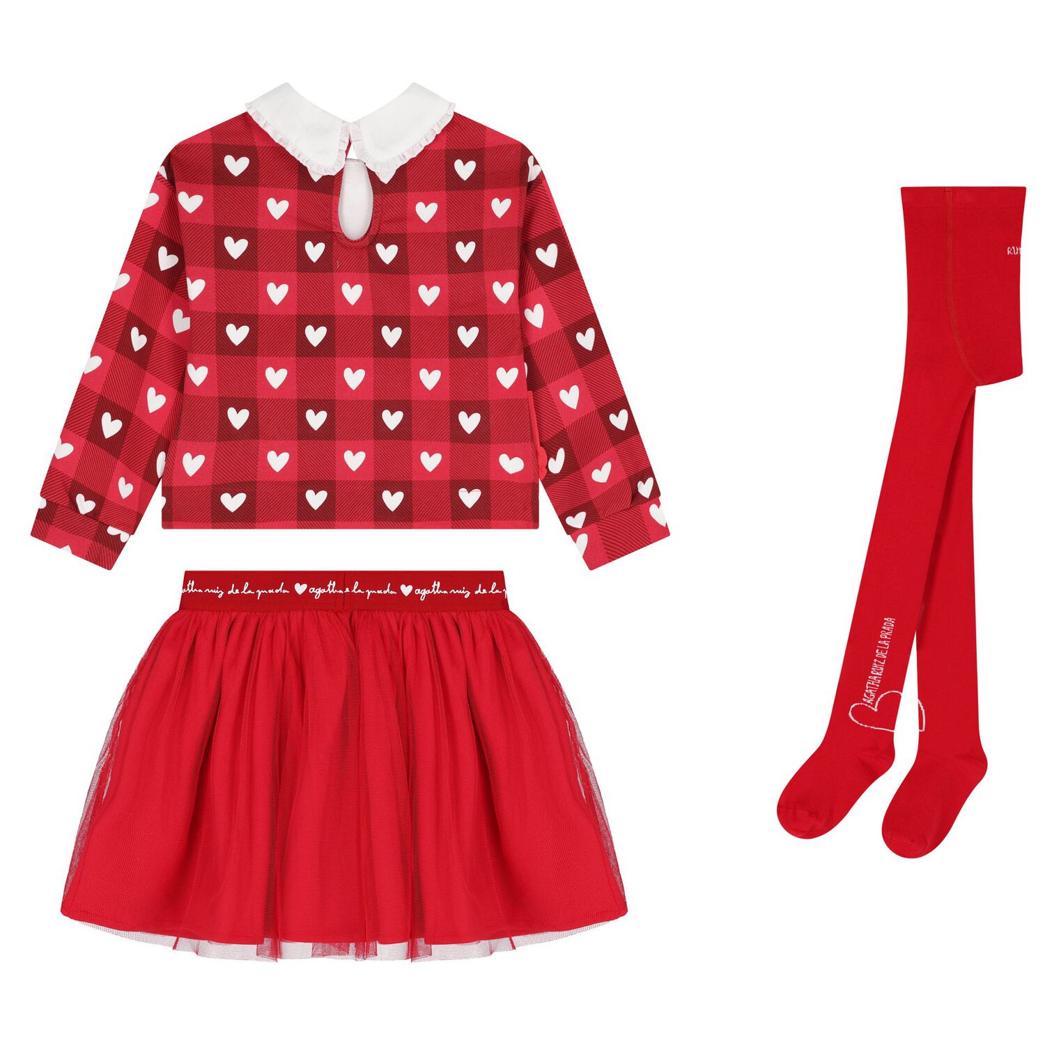 Girls Red Checked & Heart Skirt Set, 1, hi-res