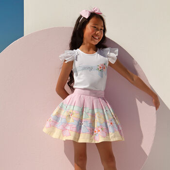 Girls White & Pink Floral Skirt Set