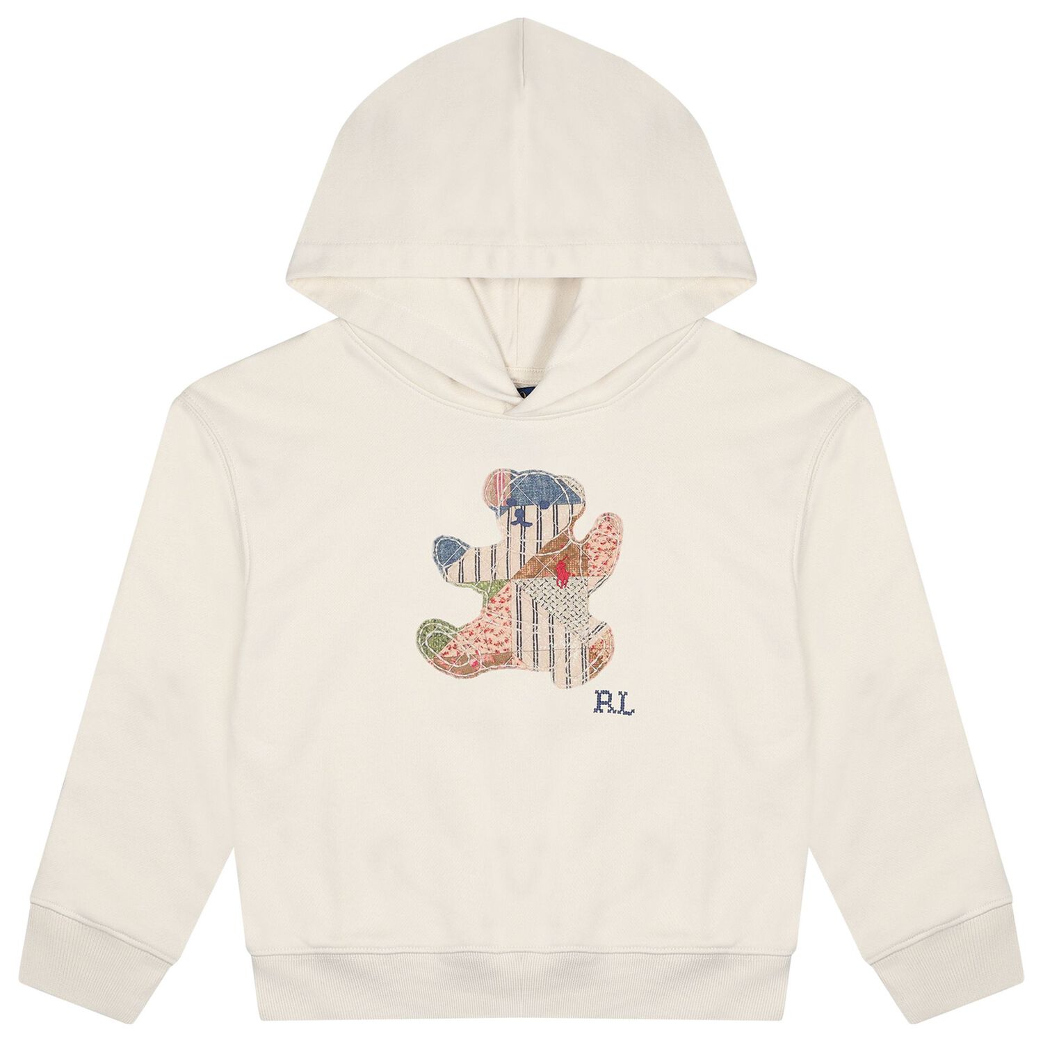 Girls Ivory Patchwork Bear Hooded Top, 1, hi-res