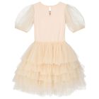Girls Beige Embellished Tulle Dress, 1, hi-res