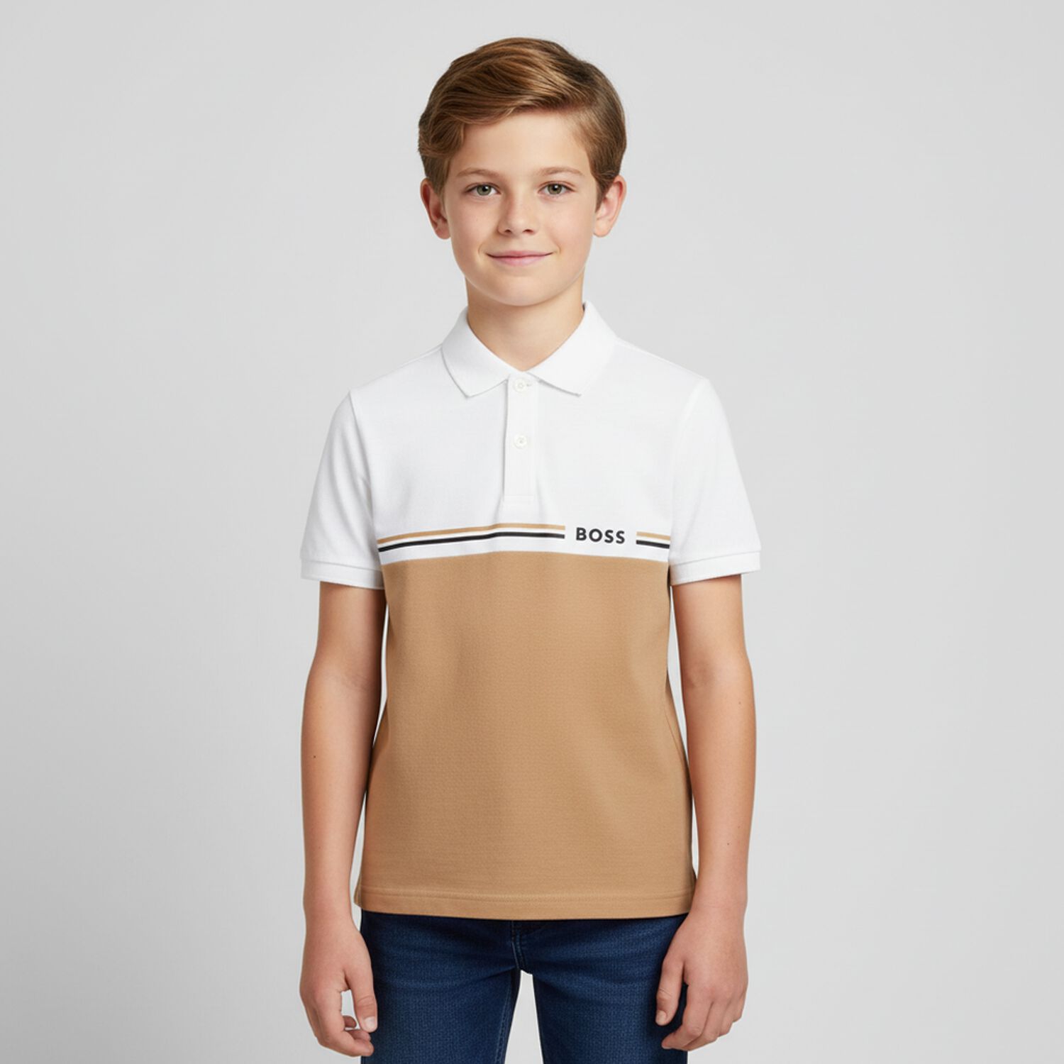 Boys White & Beige Logo Polo Shirt, 2, hi-res image number null