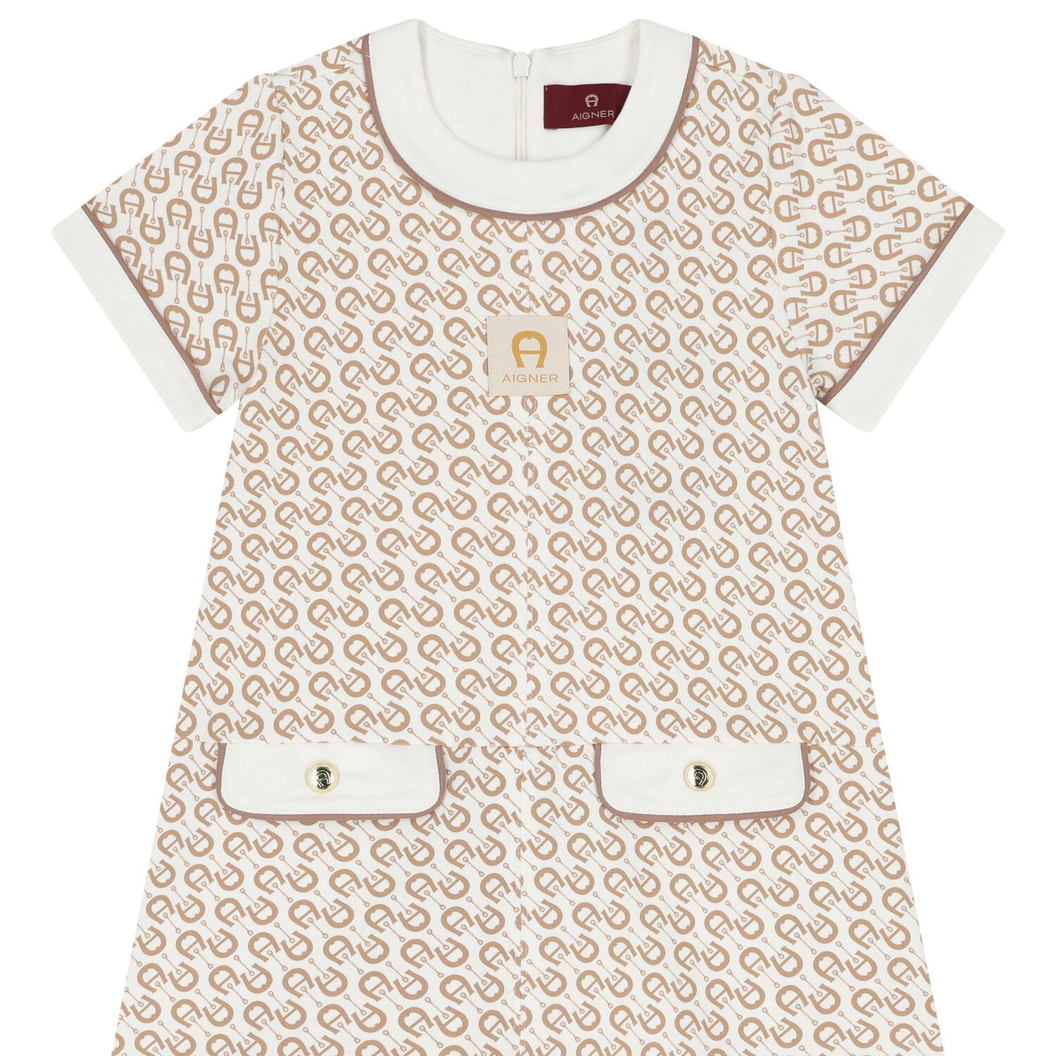 Girls Ivory & Beige Logo Dress, 1, hi-res