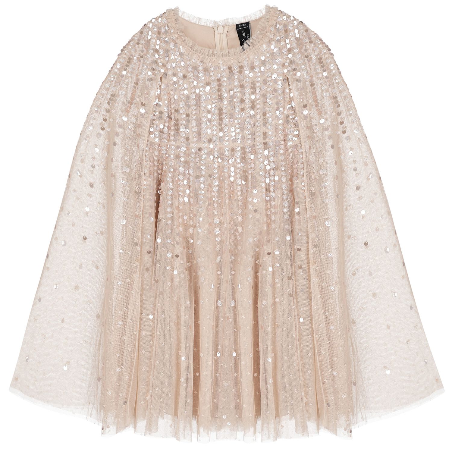 Girls Beige Sequinned Tulle Cape Dress, 1, hi-res
